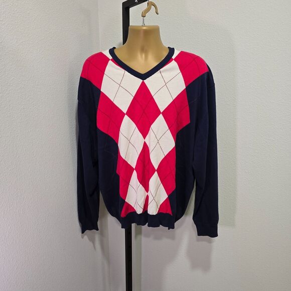 Vtg Academia Preppy Blue Red Argyle Sweater Mens XL Jos A Bank Leadbetter Golf - Picture 1 of 7